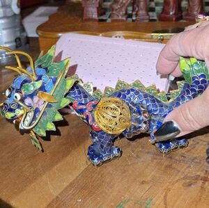 Vintage Cloisonne Dragon Figurine with Intricate Champleve Details